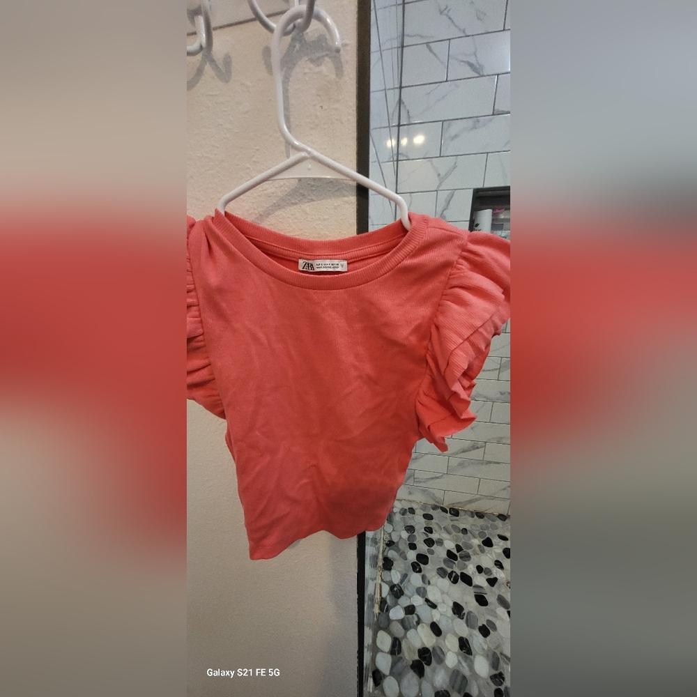 Zara Coral Ruffle Sleeve Top